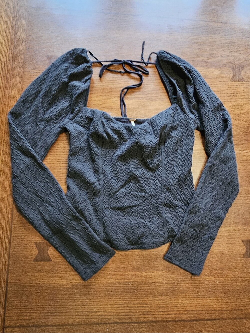 Free People Black Textured Square Neck Top Medium